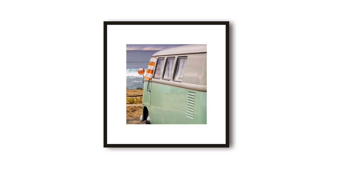 Mint Green Vintage Campervan Parked Right Beside the Beach Poster