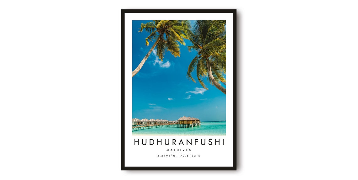 Hudhuranfushi Maldives Overwater Villas Palm Trees Travel Poster