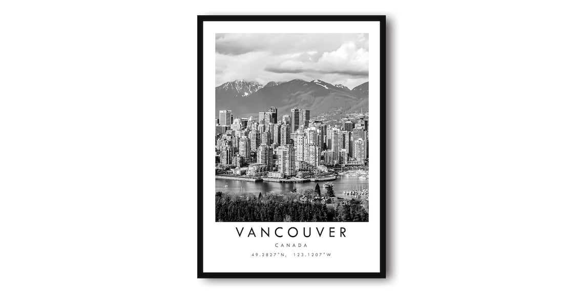 Vancouver Canada Black And White Cityscape Travel Poster