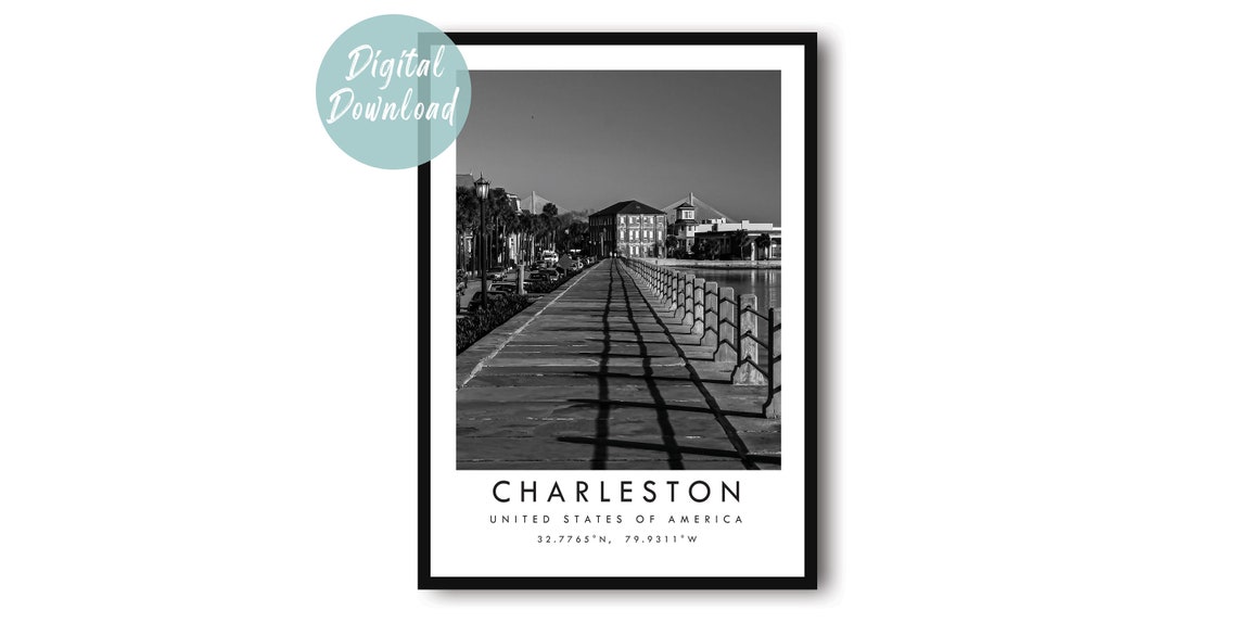 Charleston Waterfront Boardwalk Black and White Photo Poster