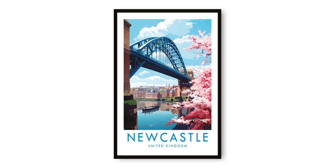Newcastle United Kingdom Tyne Bridge Blossom City Travel Poster