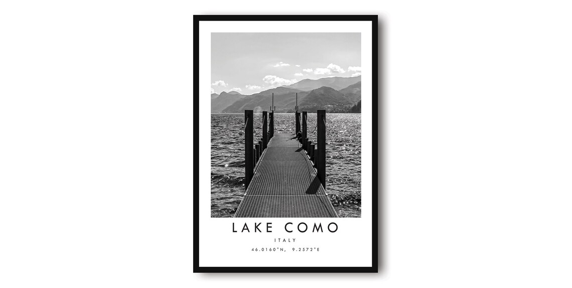 Lake Como Italy Black and White Minimalist Pier Travel Poster