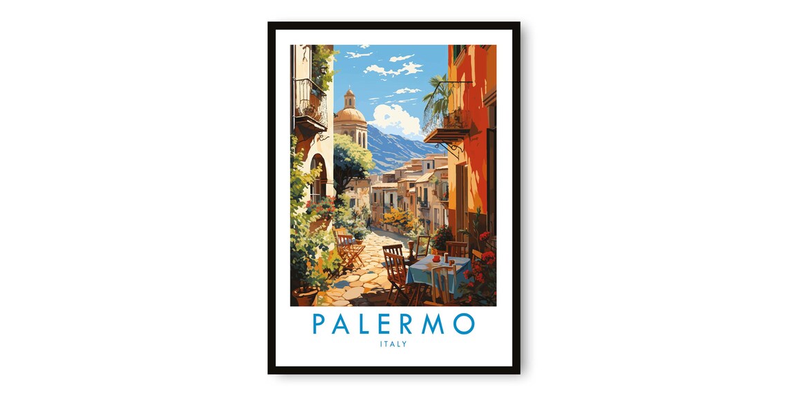 Palermo Italy Cobblestone Cafe Street Sicily Vintage Travel Poster