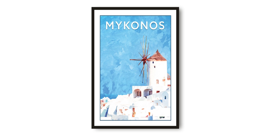 Mykonos Greece Whitewashed Windmill Minimalist Travel Poster