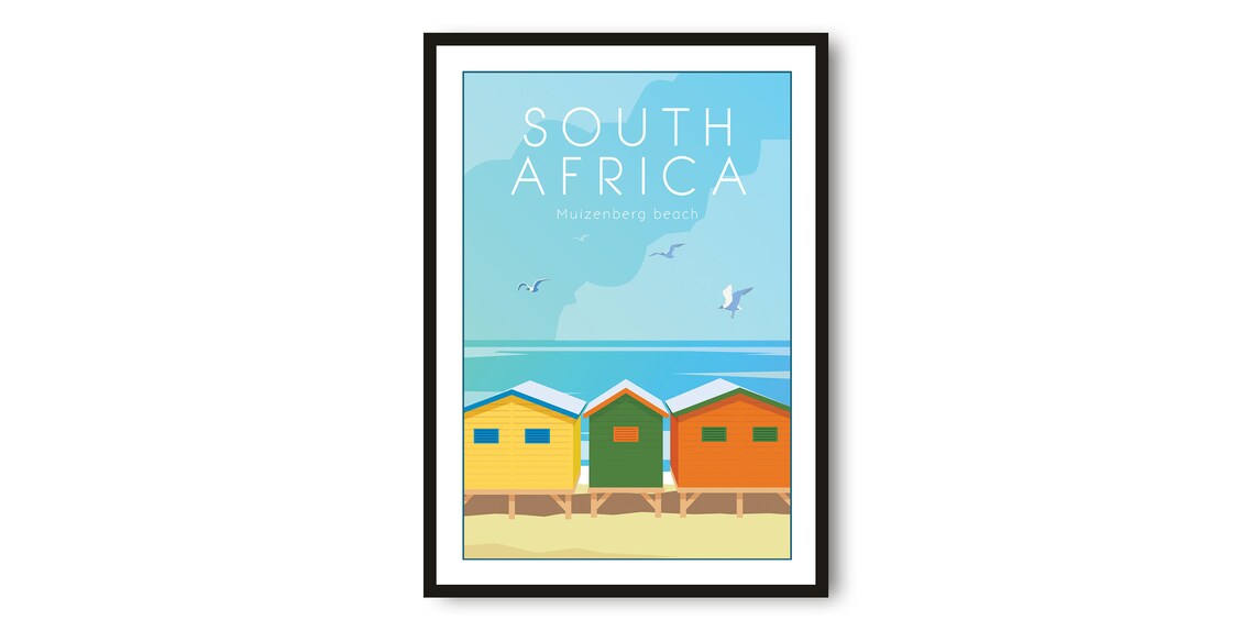 South Africa Muizenberg Beach Colorful Huts Coastal Travel Poster