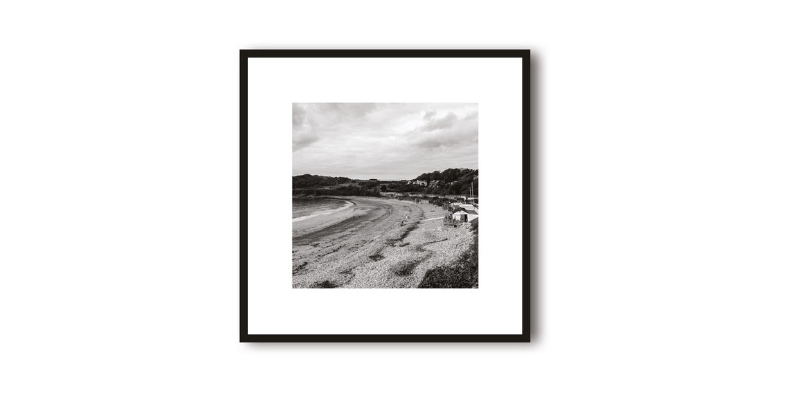 Curved Sandy Shoreline View at Langland Bay Black White Poster