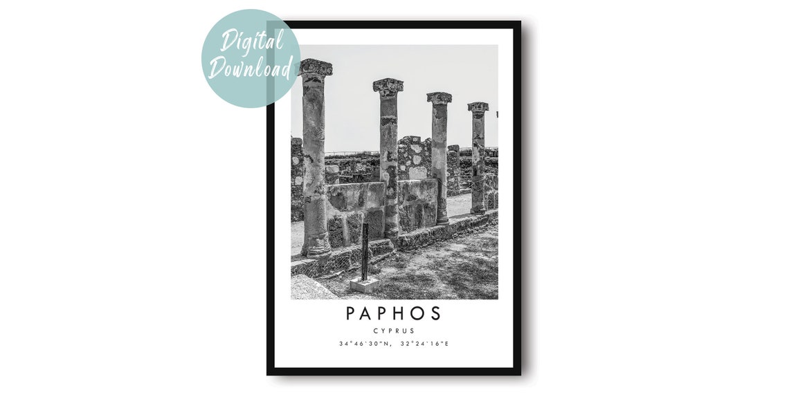 Paphos Ancient Stone Columns Ruins in Cyprus Monochrome Travel Poster