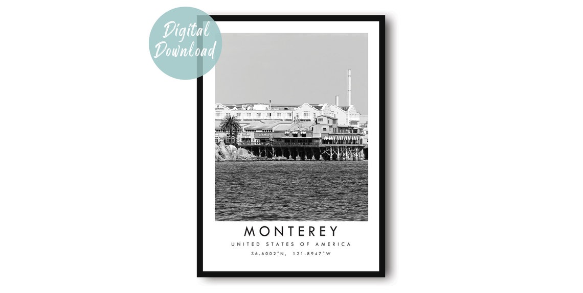 Monterey Waterfront Cannery Buildings Black and White Travel Poster