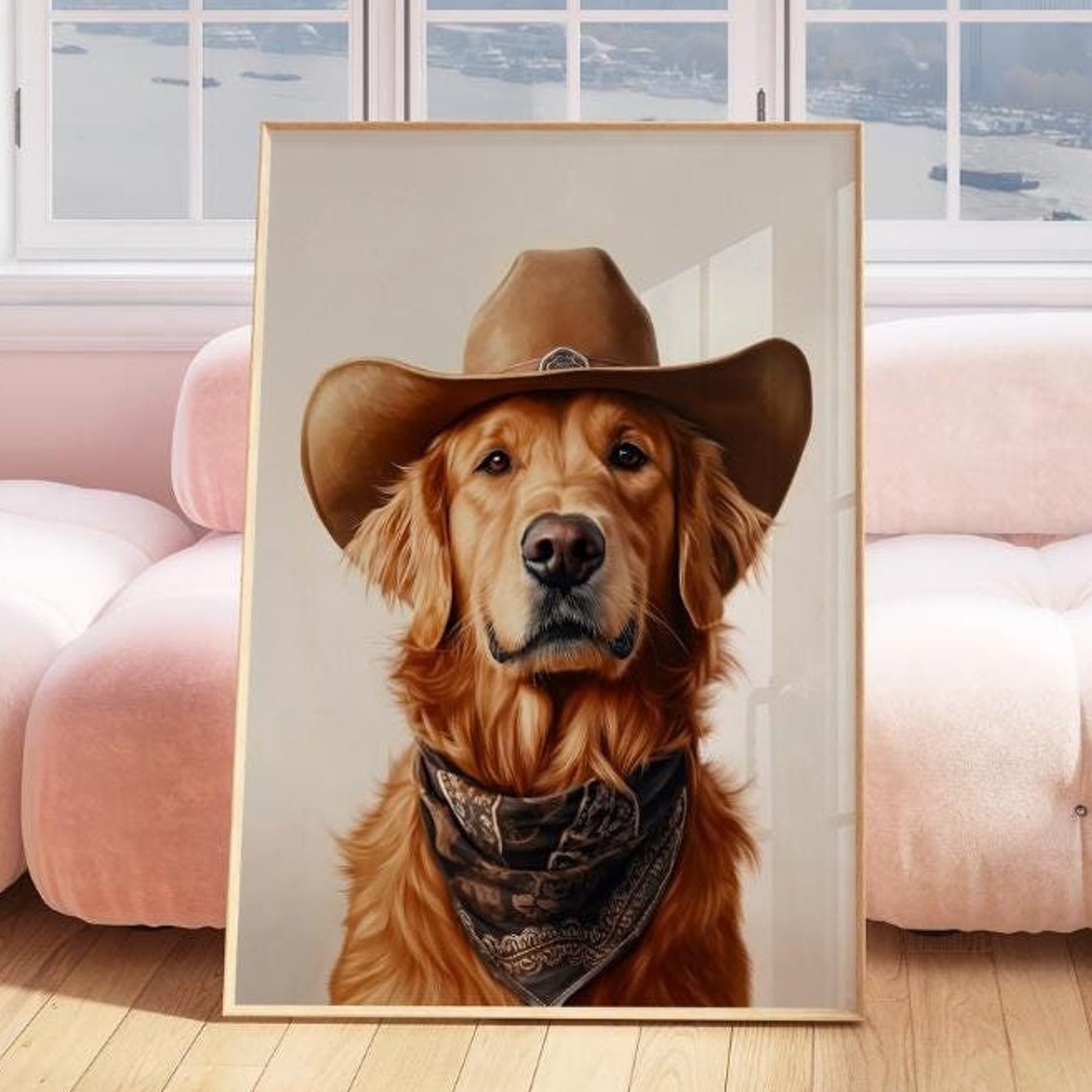 Dog With Cowgirl Hat Art Print Neutral Vintage Aesthetic Funky Western Wall Art Trendy Puppy Print Western Cowgirl Decor