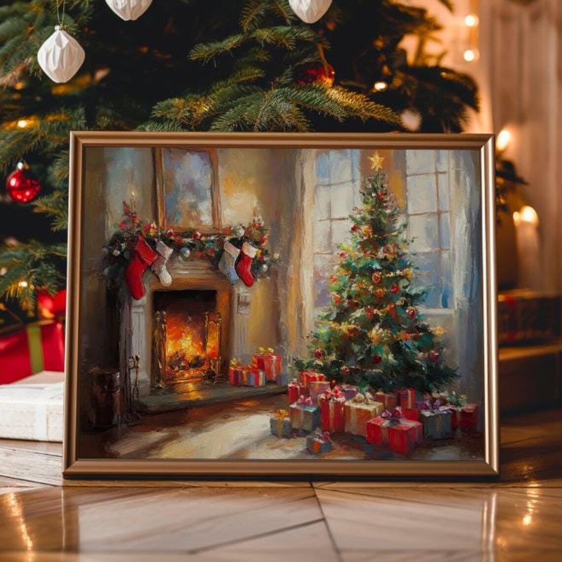 Cozy Fireplace With Stockings And Glowing Christmas Tree Poster