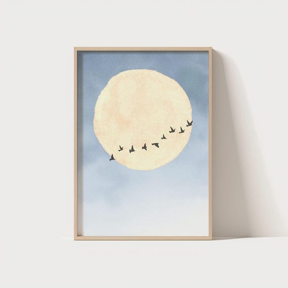 Full Moon And Flying Birds Night Minimalist Watercolor Sky Poster