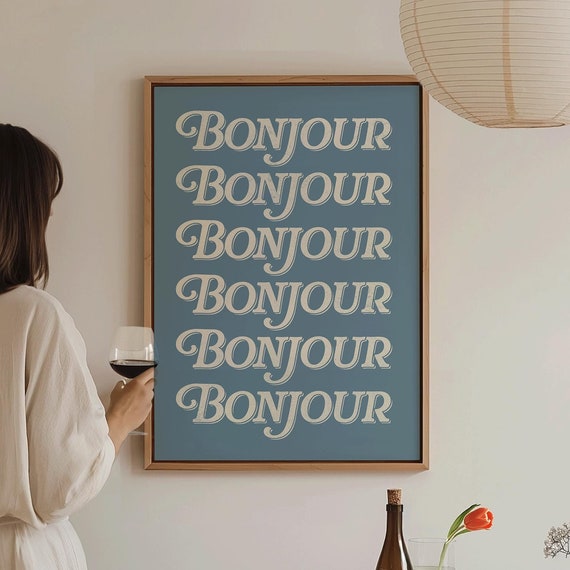 Bonjour Print Aesthetic Apartment Preppy Bedroom Decor Cute Wall Art Dorm Decor Large Living Room Print Minimalist Typography Wall Art