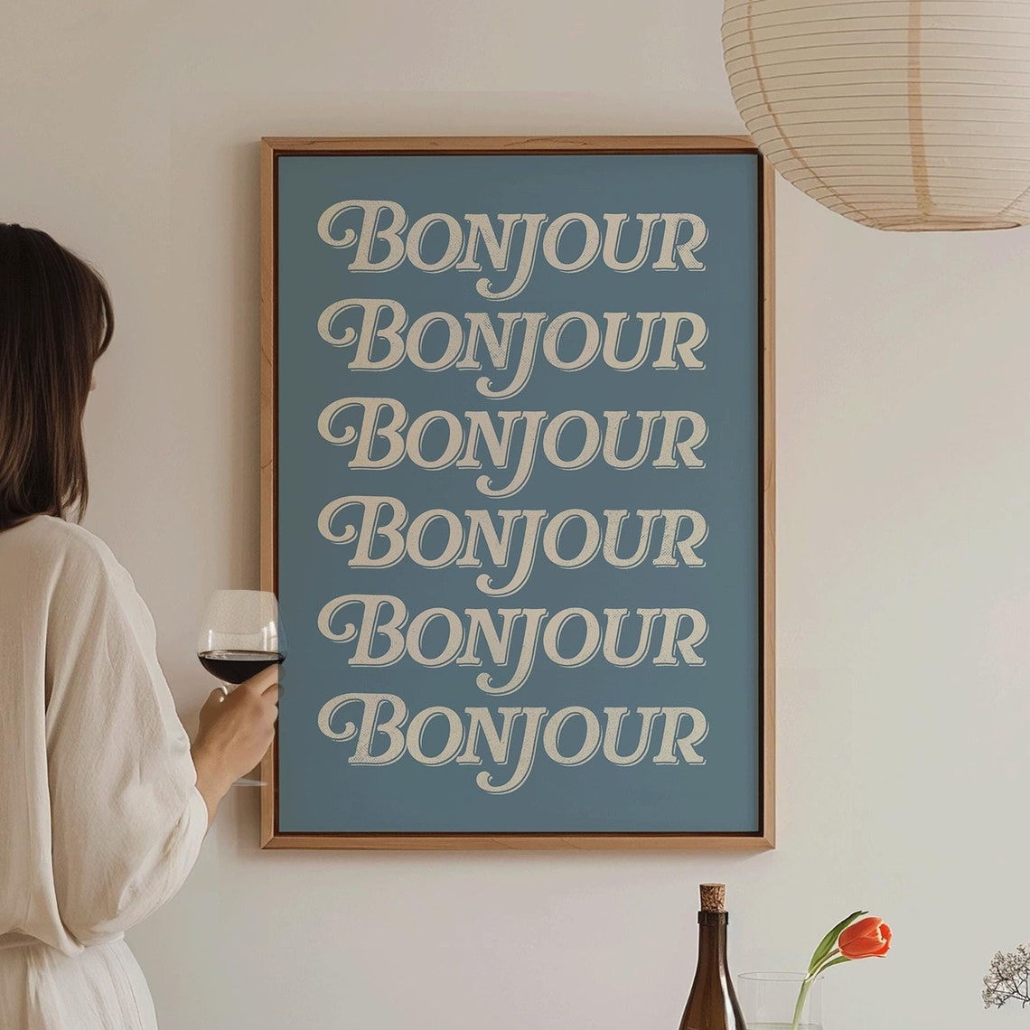 Bonjour French Retro Script Cream Blue Minimalist Typography Poster