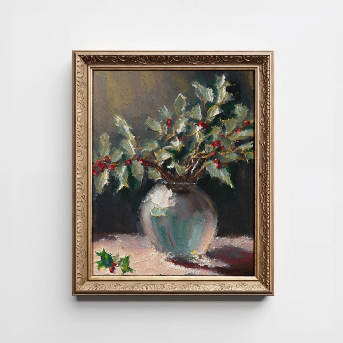 Holly Berries Christmas Still Life Moody Oil Painting Vintage Poster