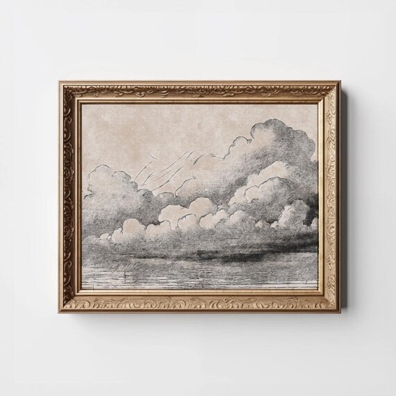 Monochrome Cloud Sketch Over Calm Water Neutral Tones Wall Art