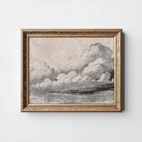 Vintage Cloud Print Abstract Neutral Sky Beige Nursery Wall Art Clouds Sketch Poster Drawing Modern Organic