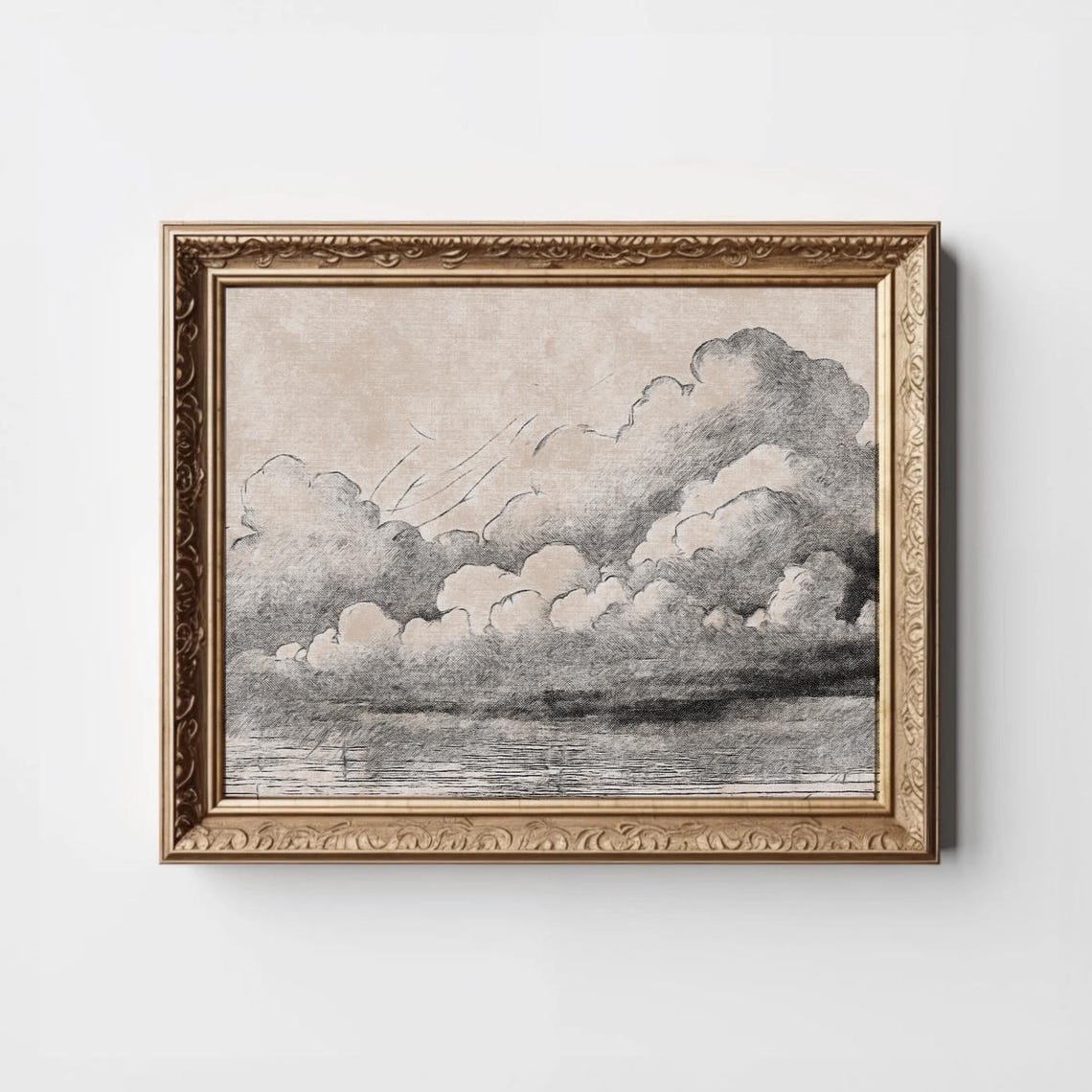 Monochrome Cloud Sketch Over Calm Water Neutral Tones Wall Art
