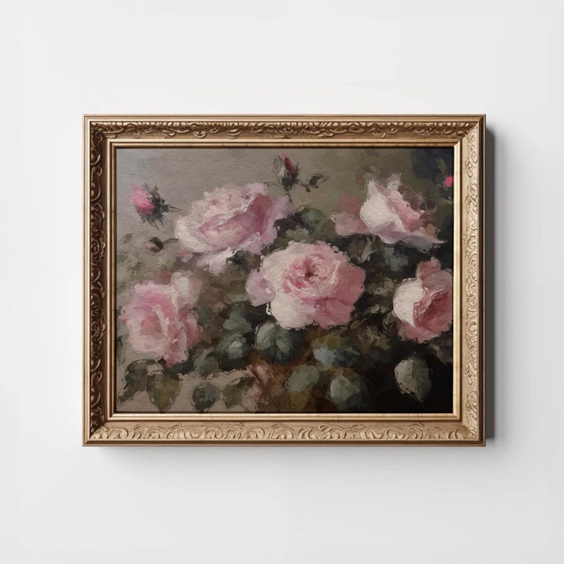Vintage Pink Roses Oil Painting Bouquet Rustic Floral Wall Art