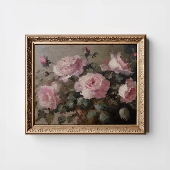 Vintage Pink Roses Oil Painting Bouquet Rustic Floral Wall Art