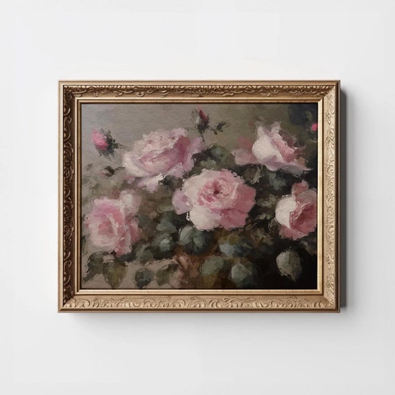 Vintage Pink Roses Painting Rustic Floral Nursery Art