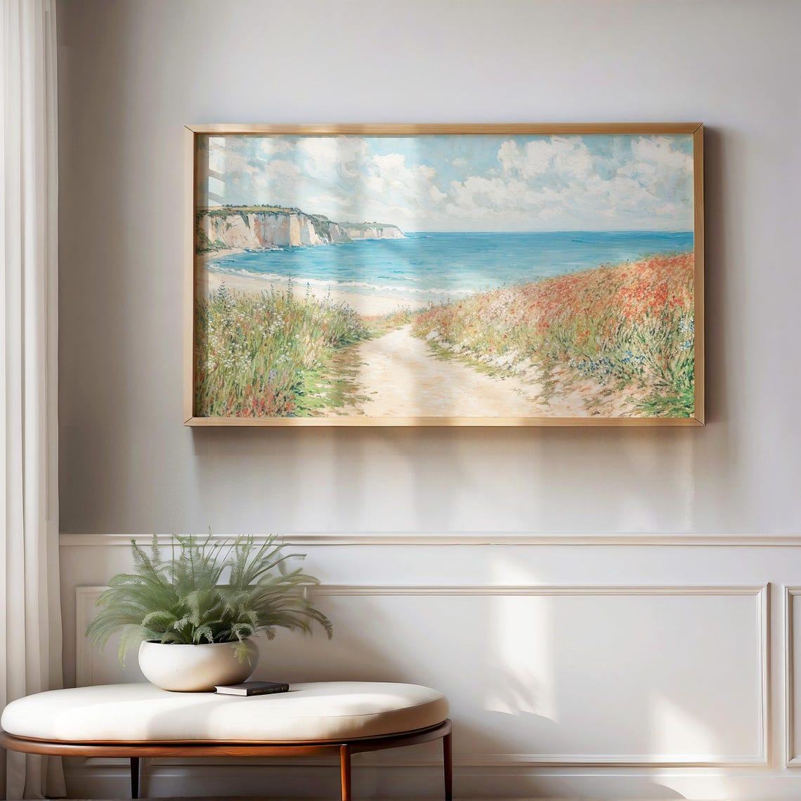 Coastal Path Wildflowers White Chalk Cliffs Blue Sea Painting Poster - Image 3