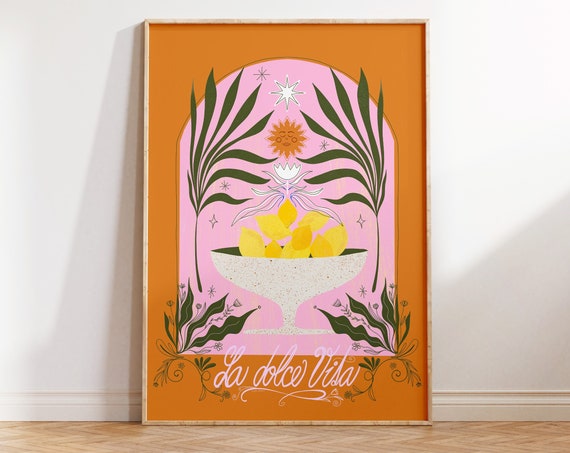 Mediterranean Lemon Bowl Print Pastel Botanical Wall Art Bohemian Floral Decor Pink And Terracotta Retro Poster La Dolce Vita Boho