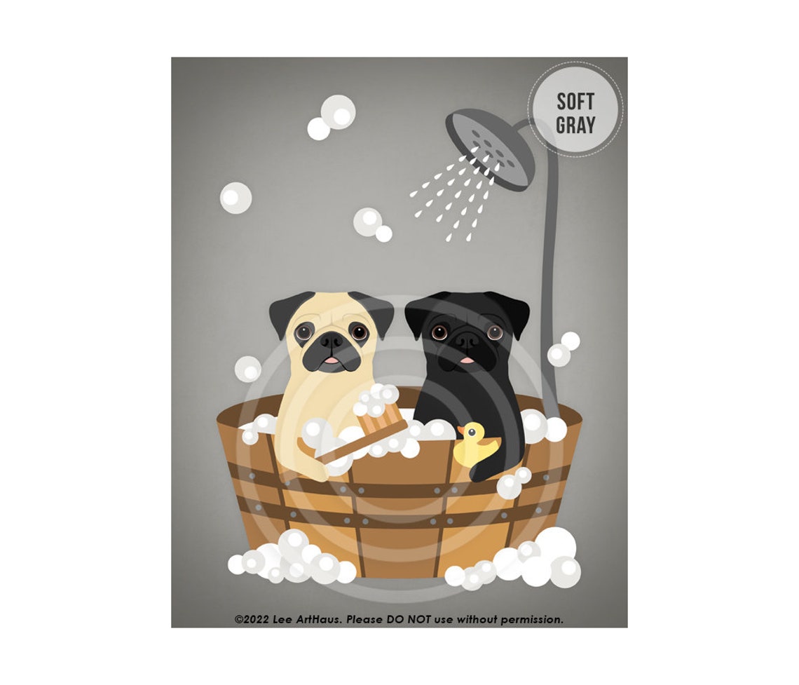 Two Pugs in Wooden Bucket Bubble Bath Shower Cute Funny Dog Art Poster - Image 3