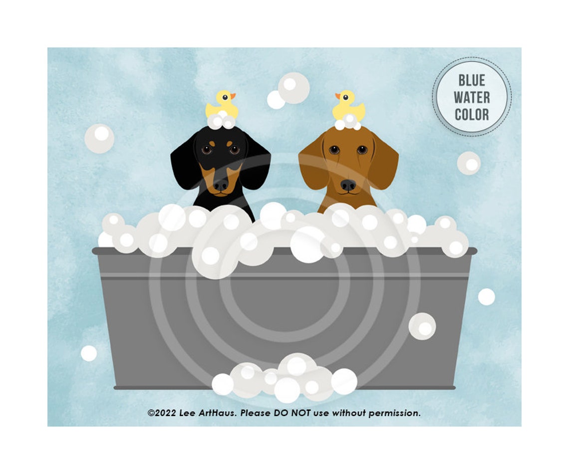Two Dachshunds In Metal Bathtub With Bubbles Cute Dog Art Poster