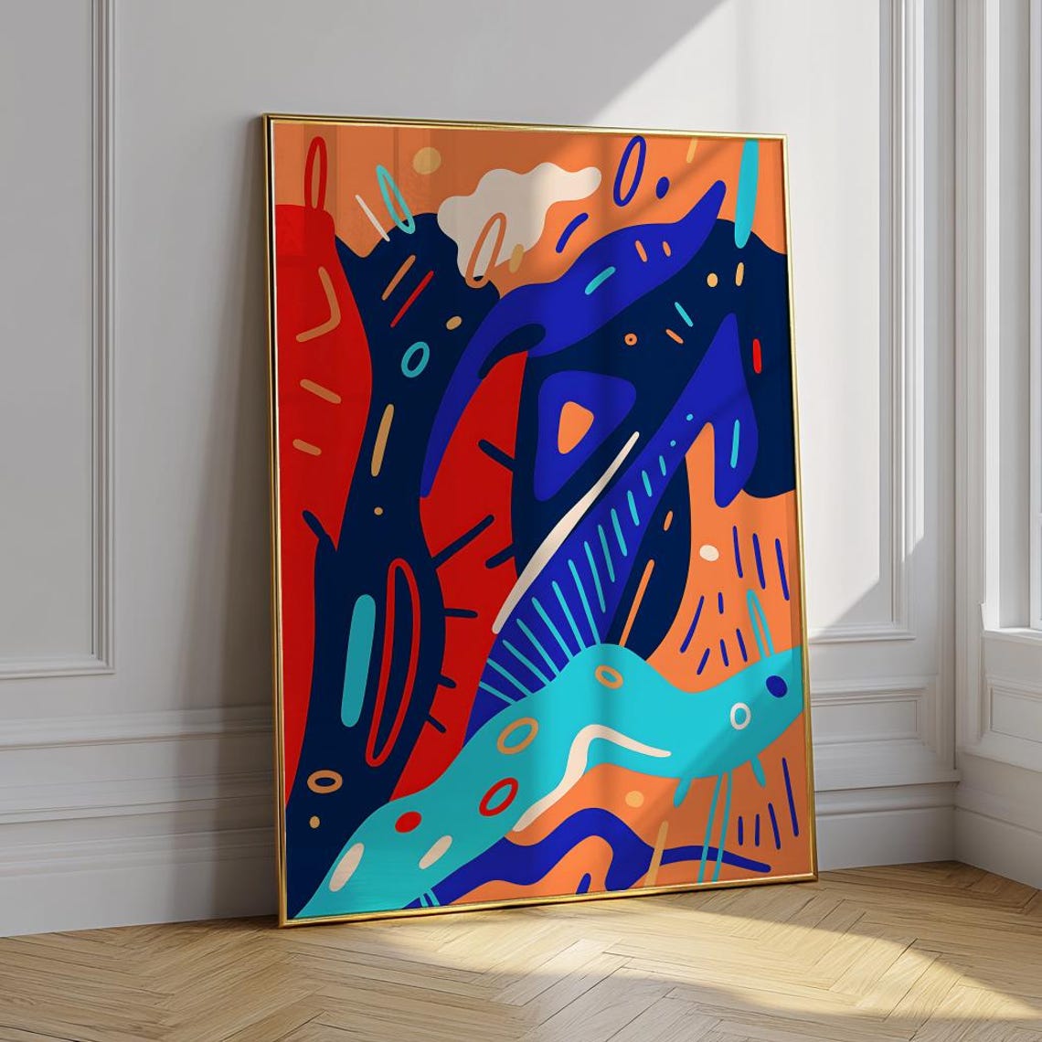 Blue And Orange Modern Abstract Colorful Retro Wavy Art Poster - Image 5