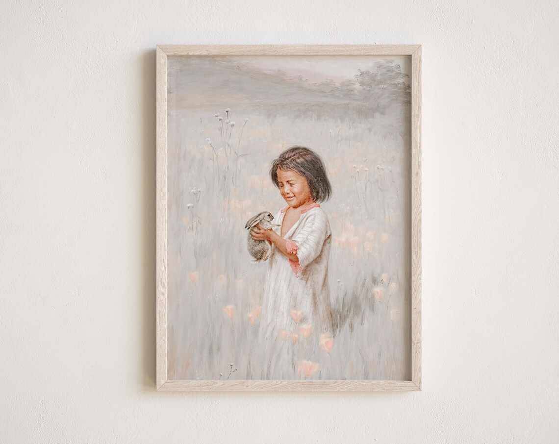Little Girl Holding Bunny in Wildflower Field Vintage Art Poster