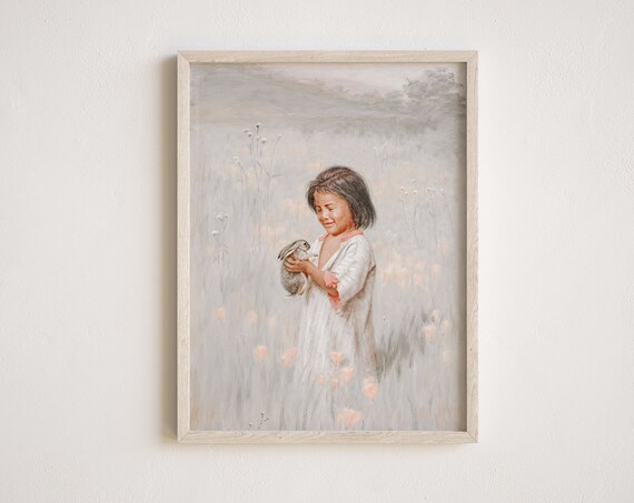 Little Girl Holding Bunny in Wildflower Field Vintage Art Poster