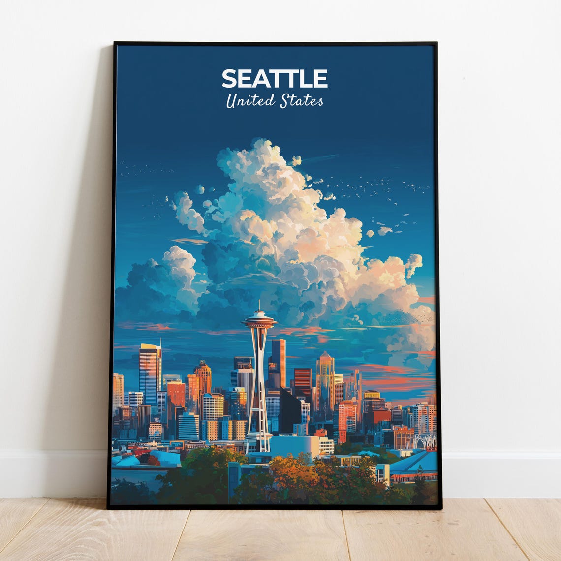 Seattle United States Space Needle Skyline Dramatic Sunset Art Poster