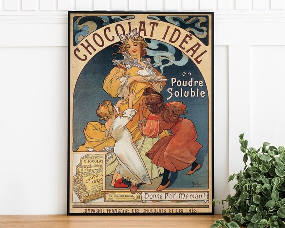 Vintage Alphonse Mucha Chocolate Print Art Nouveau Retro Advertising Art Poster Restaurant Art Print