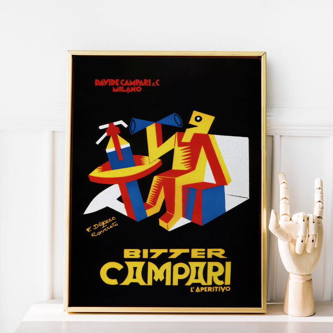 Bitter Campari Black Background Yellow Cubist Figure Vintage Poster - Image 2