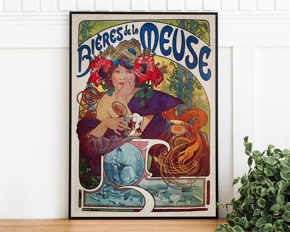 Vintage Alphonse Mucha Biere Print Art Nouveau Retro Advertising Art Poster Restaurant Art Print