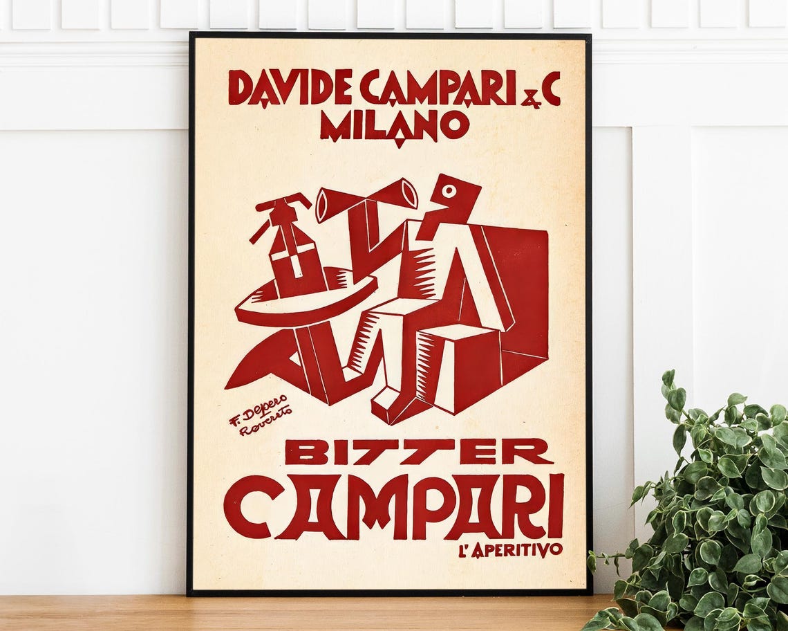 Davide Campari Milano Red Cubist Seated Figure Vintage Italian Poster