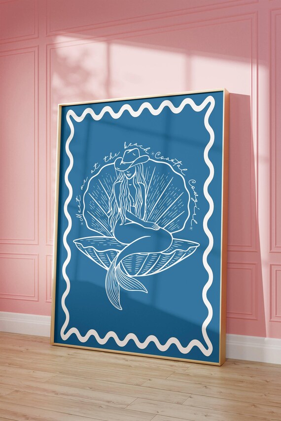 Meet Me At The Beach Mermaid Seashell Coastal Cowgirl Blue Art Poster