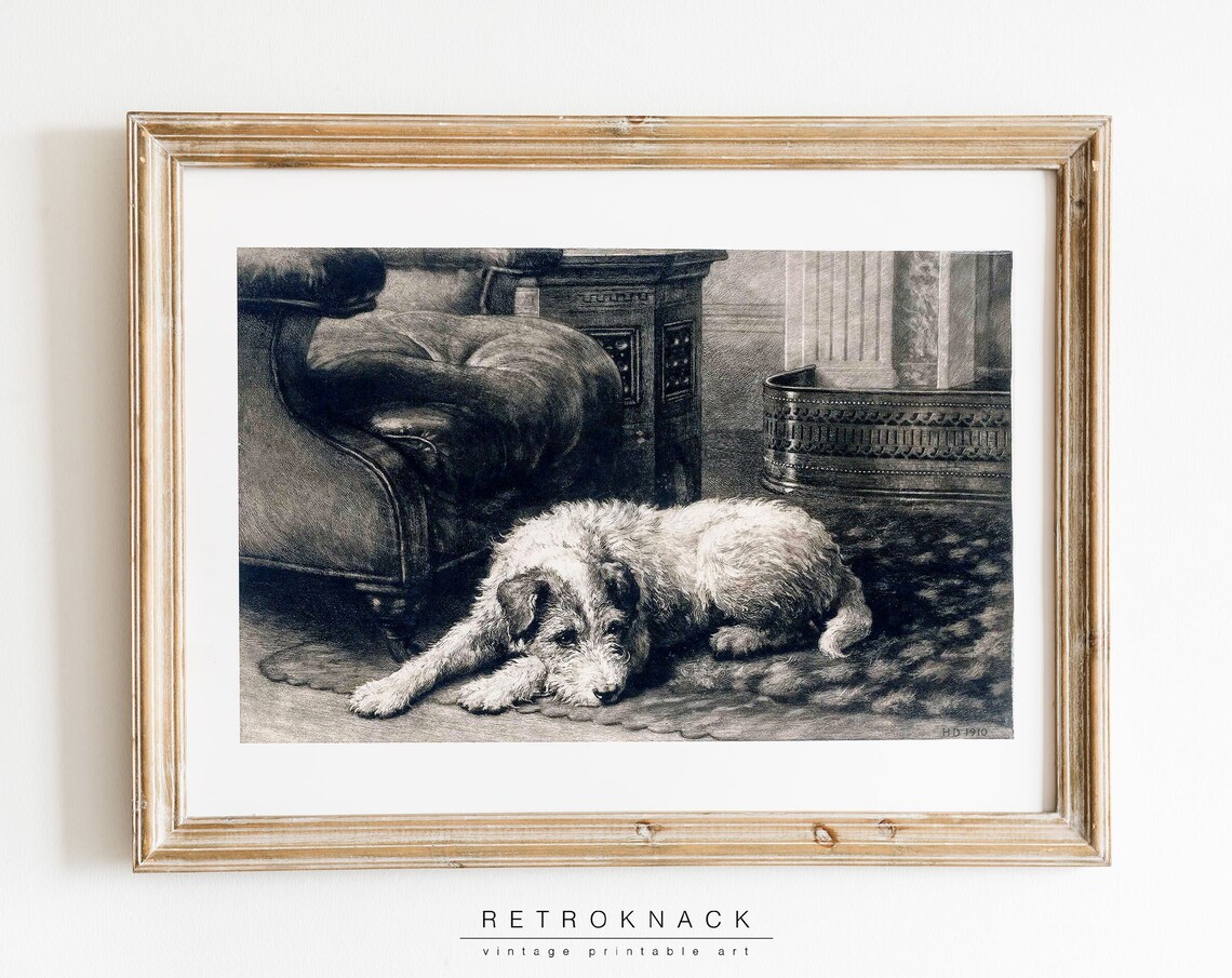 Antique Terrier Dog by Fireplace Etching 1910 Vintage Dog Art Print