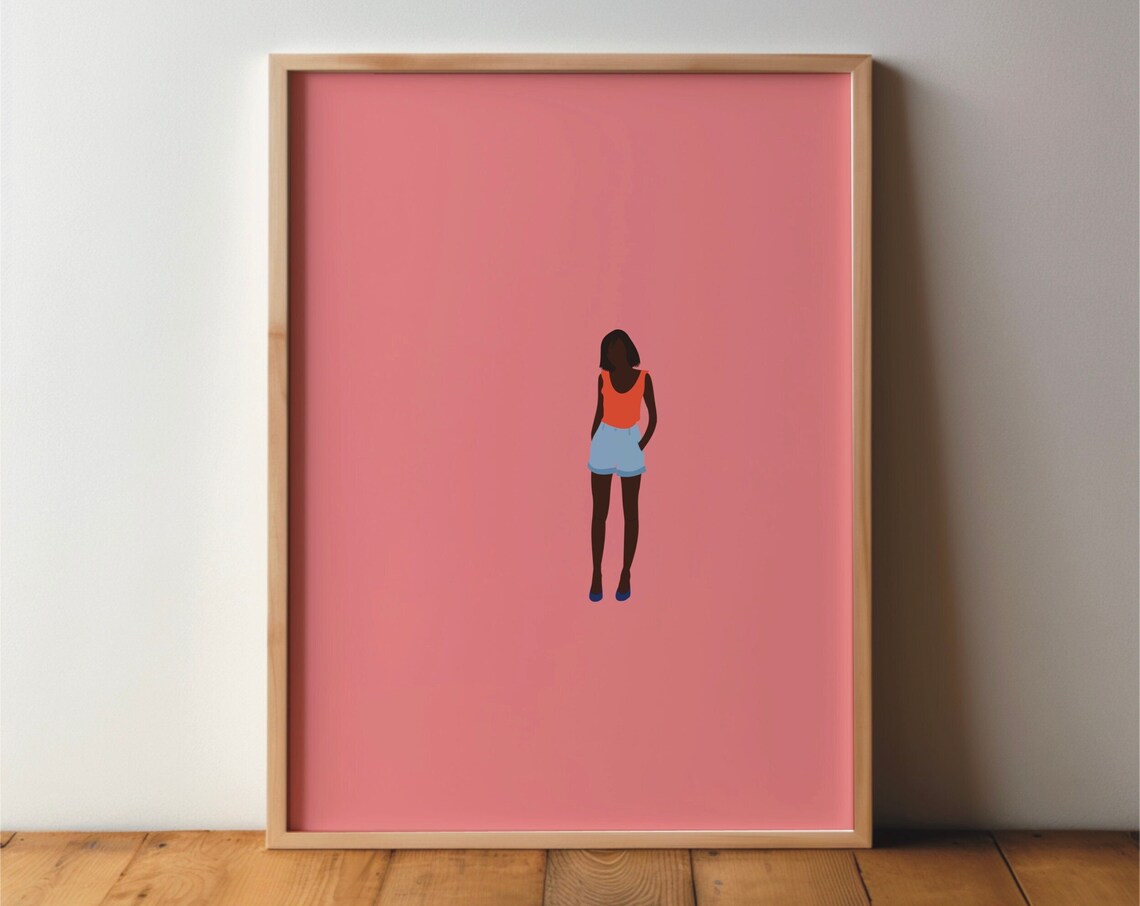 Minimalist Standing Woman Figure on Coral Pink Background Art Poster