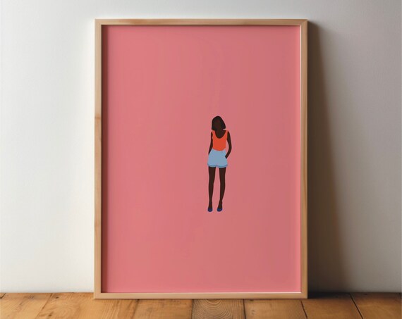 Minimalist Standing Woman Figure on Coral Pink Background Art Poster