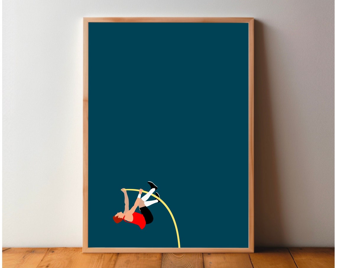 Pole Vaulter Mid Vault on Dark Teal Track and Field Art Poster