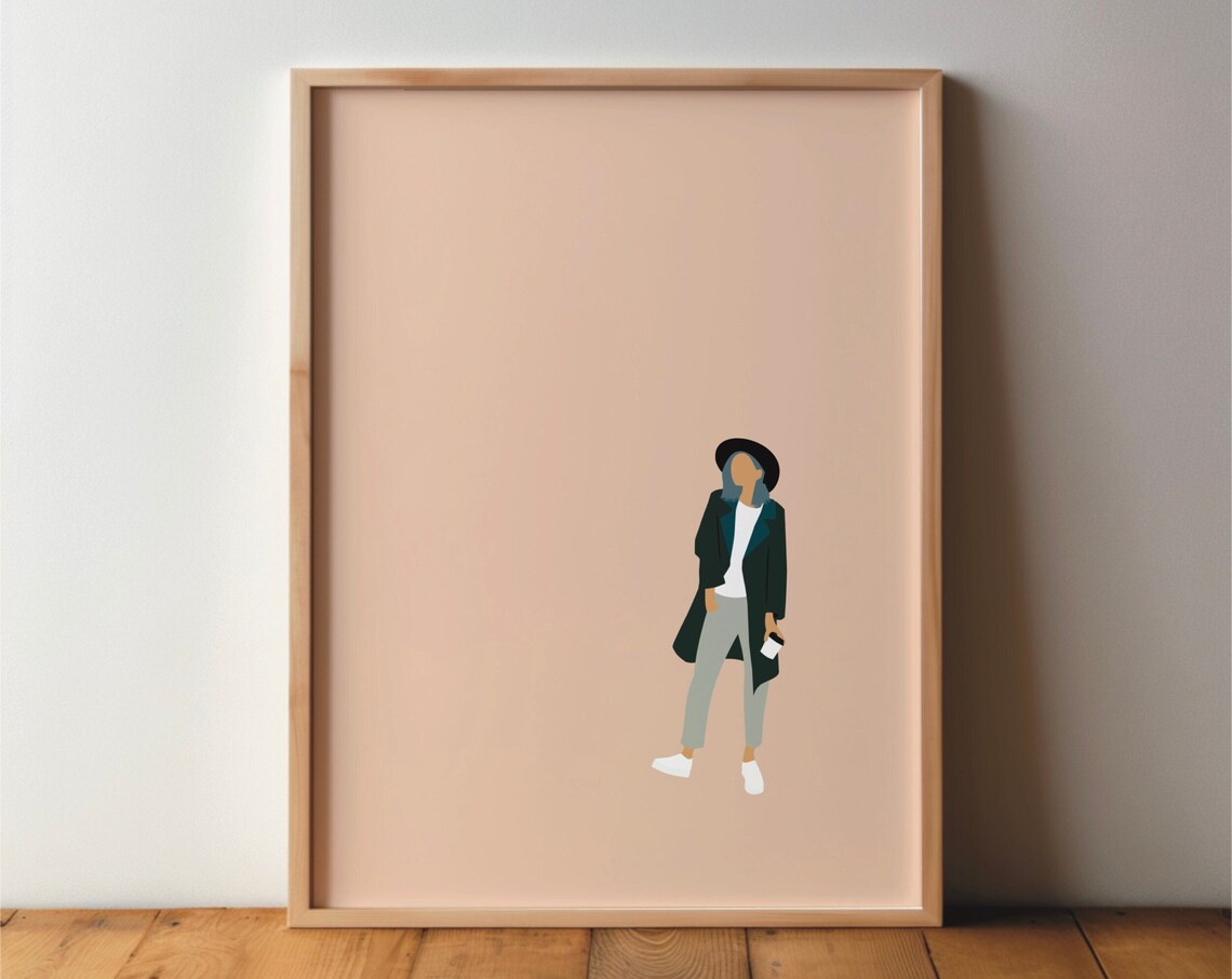 Woman With Coffee And Hat Illustration, Modern Poster