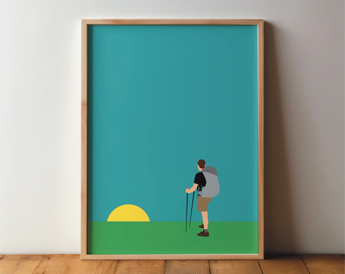 Hiker Minimal Modern Art Print, Hiking Mountains