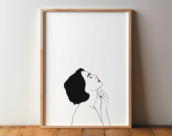Naked Lines Woman With Lipstick Art Print Minimal Modern Wall Art Black And White Sketch Nude Erotic Gift For Her Him