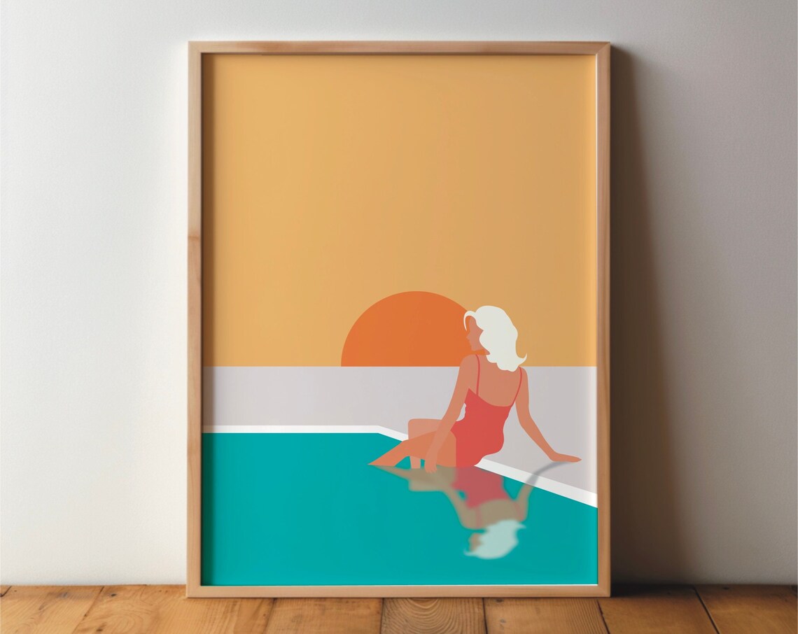 Woman By The Pool Illustration Art Print, Minimal Modern