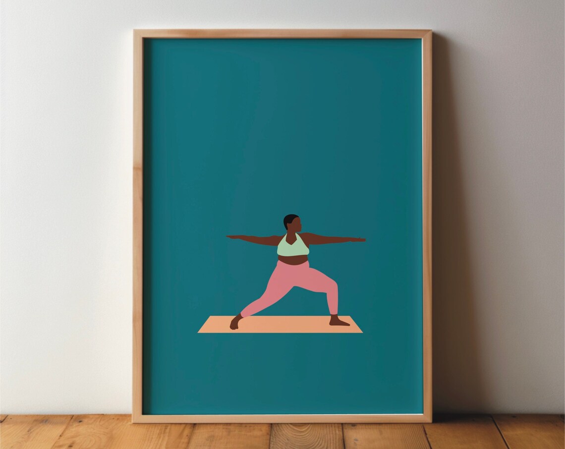 Yoga Warrior Pose Woman Teal Illustration Fitness Art Poster