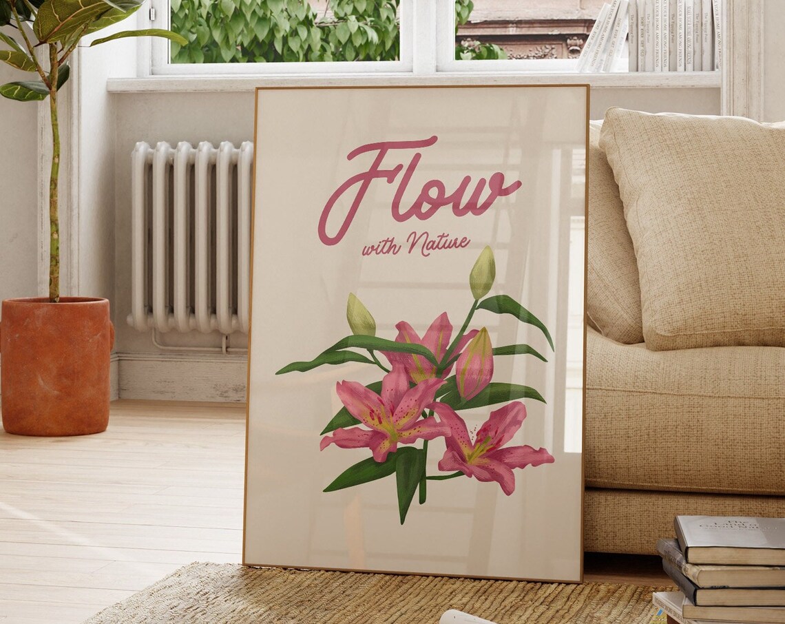 Flow With Nature Pink Lily Floral Botanical Vintage Decor Poster