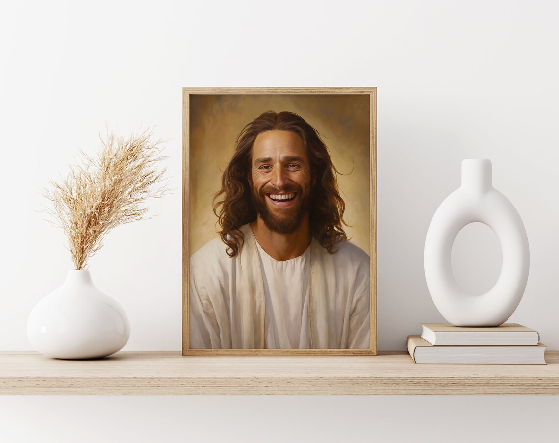 Laughing Jesus Joyful Smiling Face Golden Christian Portrait Poster - Image 3