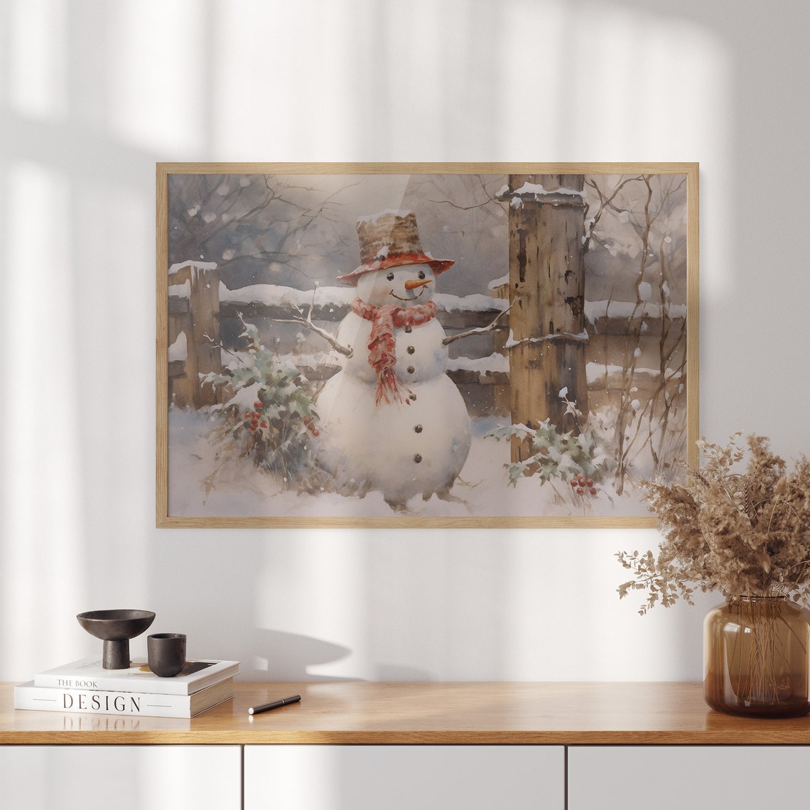 Snowman with Red Scarf and Top Hat Beside a Snowy Fence Poster - Image 3