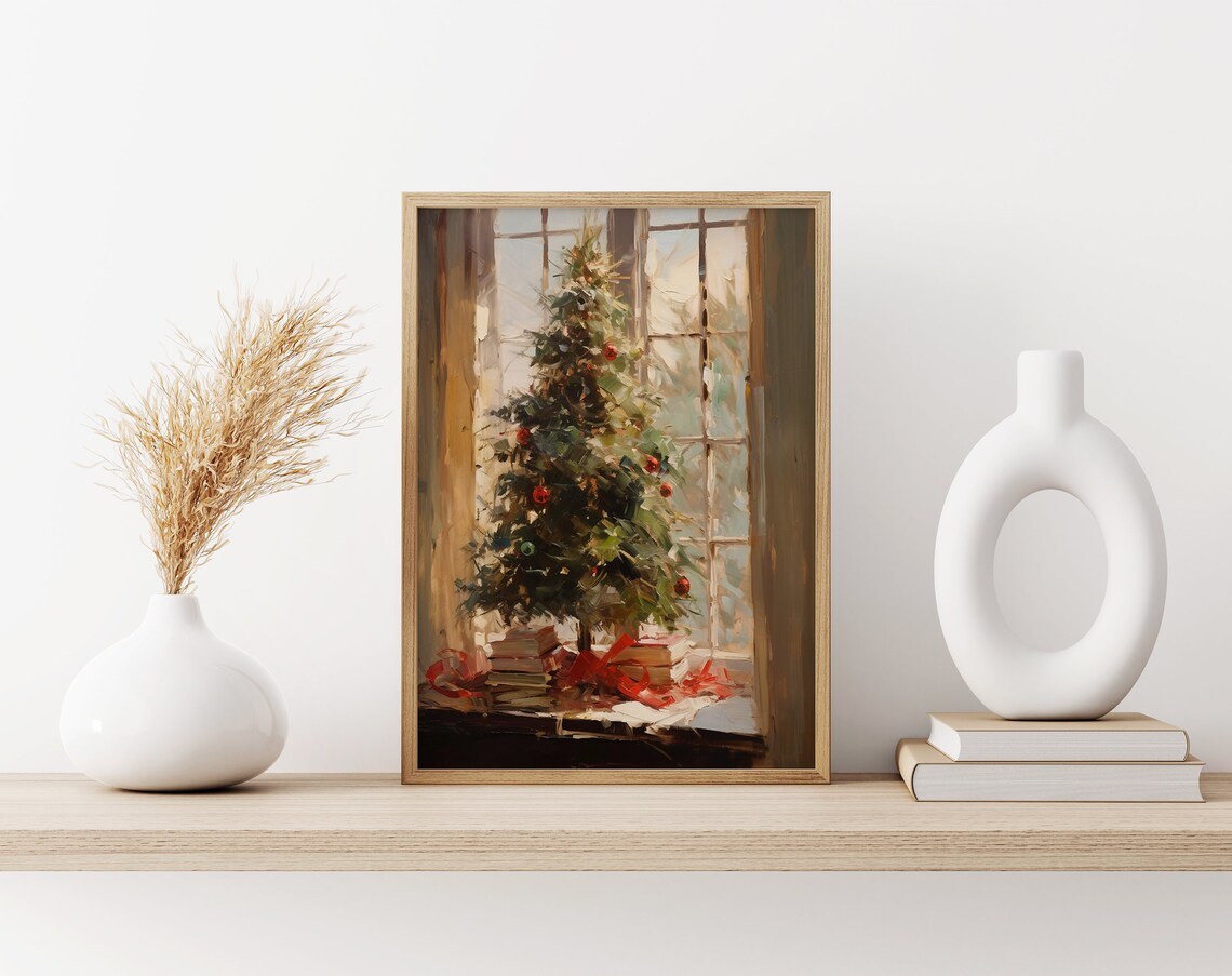 Small Christmas Tree with Red Ornaments on Windowsill by Books Art Poster - Image 3